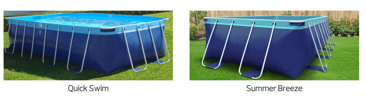 Two rectangular above ground swimming pools with metal support frames sit on grass in Sandy, Utah; the left pool is labeled "Quick Swim," and the right pool is labeled "Summer Breeze.
