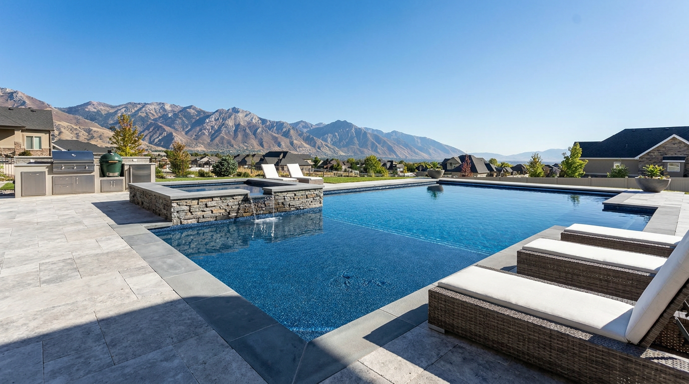 Modern outdoor pool area with lounge chairs, a spa, and a built-in grill, featuring a hassle-free inground pool that overlooks suburban homes and distant mountains under a clear blue sky.