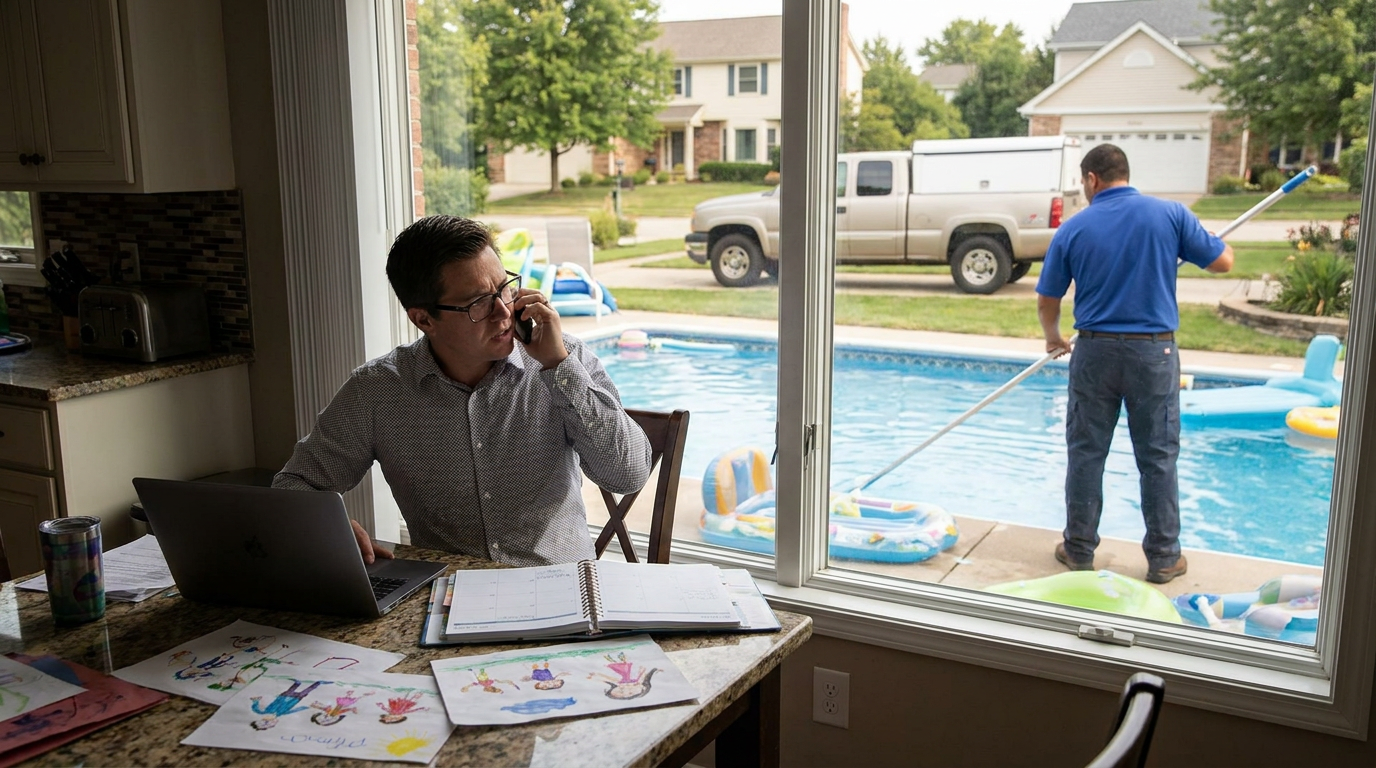 A man works on his laptop and talks on the phone at a kitchen table strewn with papers and drawings, while outside the window, a professional pool maintenance expert cleans the backyard pool—perfect for busy homeowners looking to reclaim your weekends.