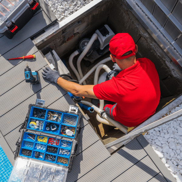 Certified pool technicians standing poolside with test kits and clipboards