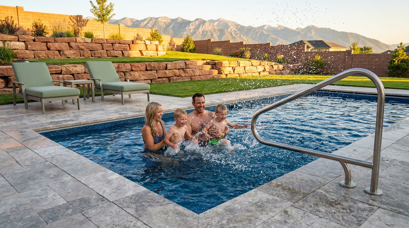 A family of four sits in a backyard Utah inground pool, splashing water and smiling, with mountains and landscaped terraces in the background.