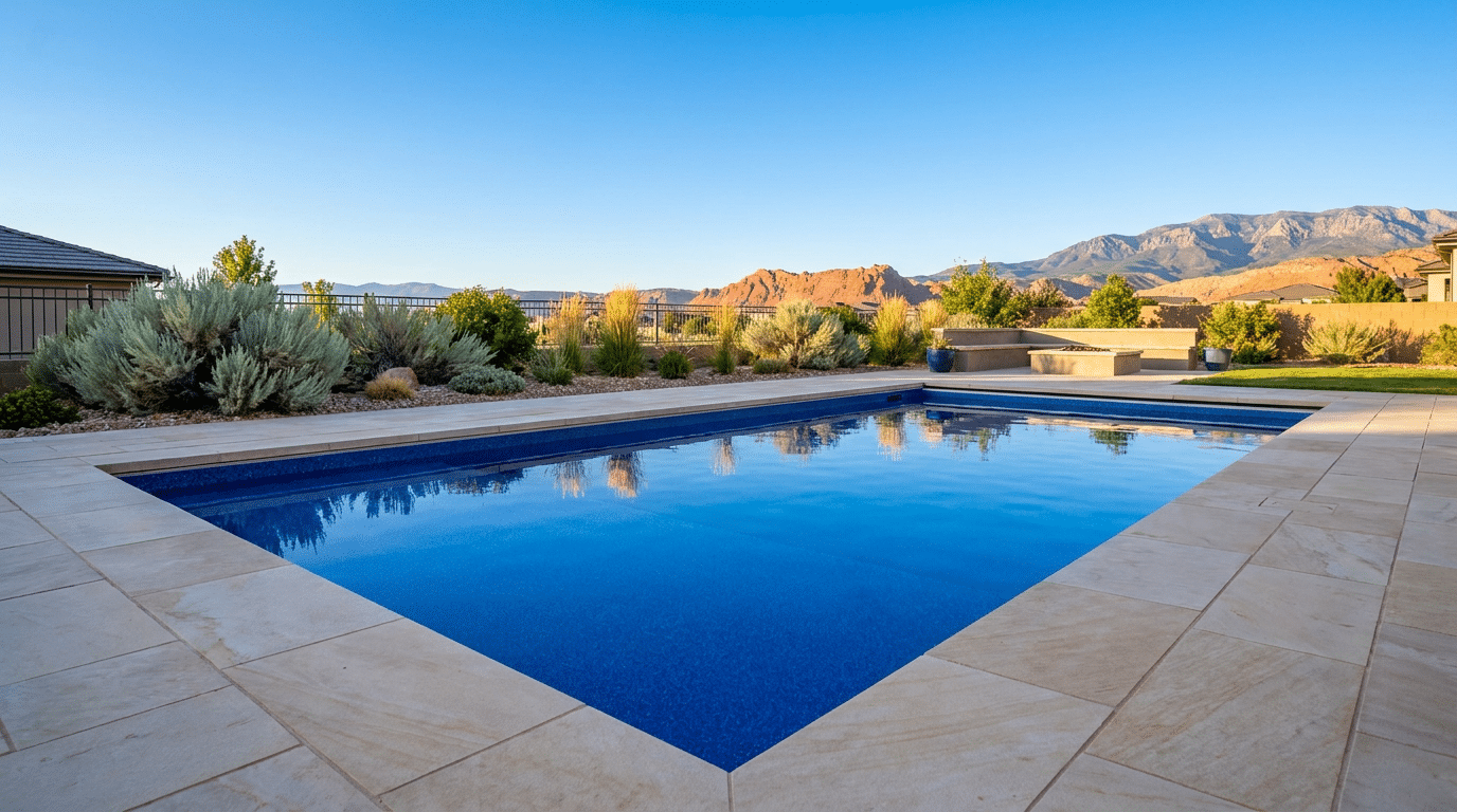 Rectangular outdoor swimming pool surrounded by stone tiles, with desert landscaping and mountains visible in the background under a clear blue sky—an inspiring Utah pool project for those choosing a pool builder.