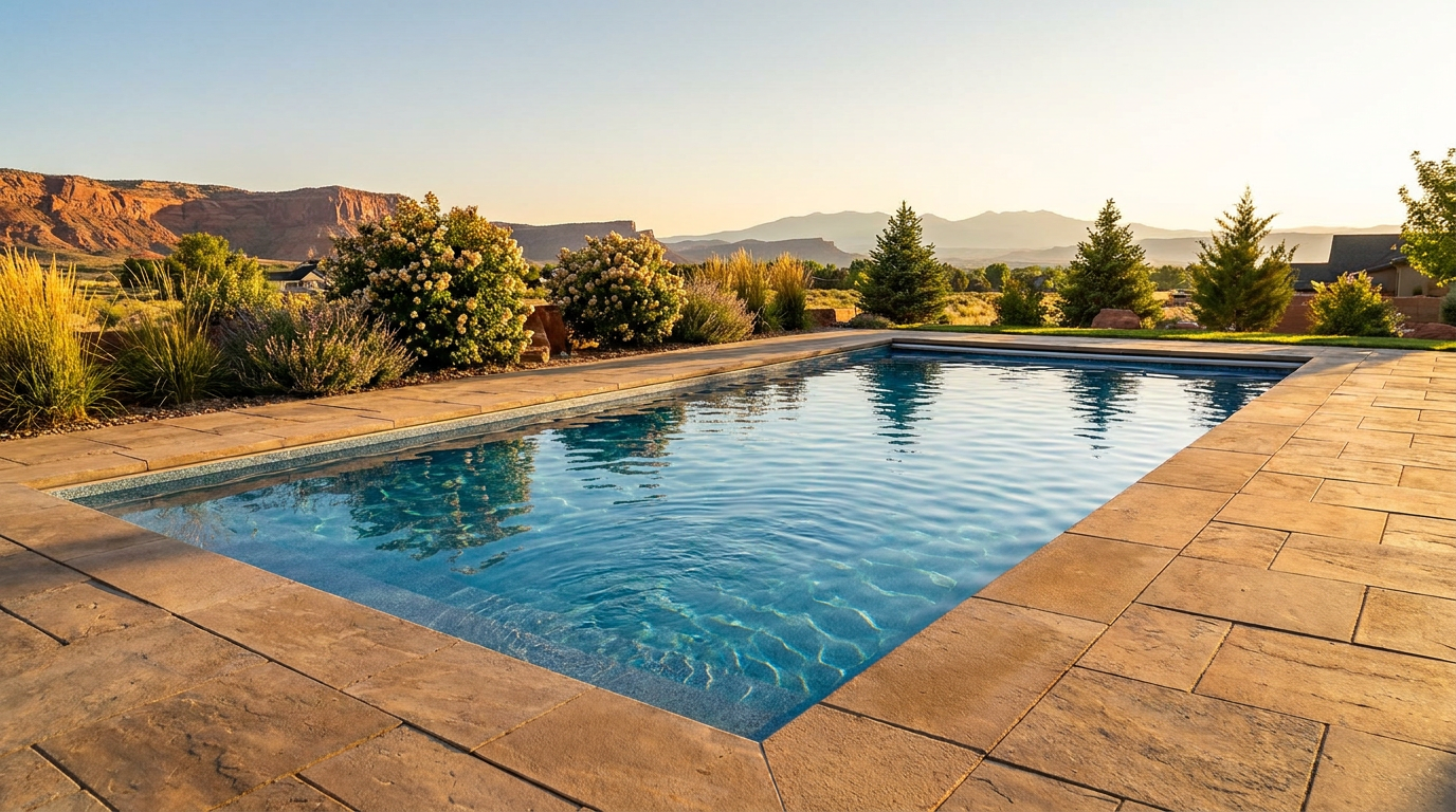 A rectangular inground pool installation with clear water is set in a landscaped Utah yard with stone tiles, shrubs, and trees, against a backdrop of mountains at sunset.