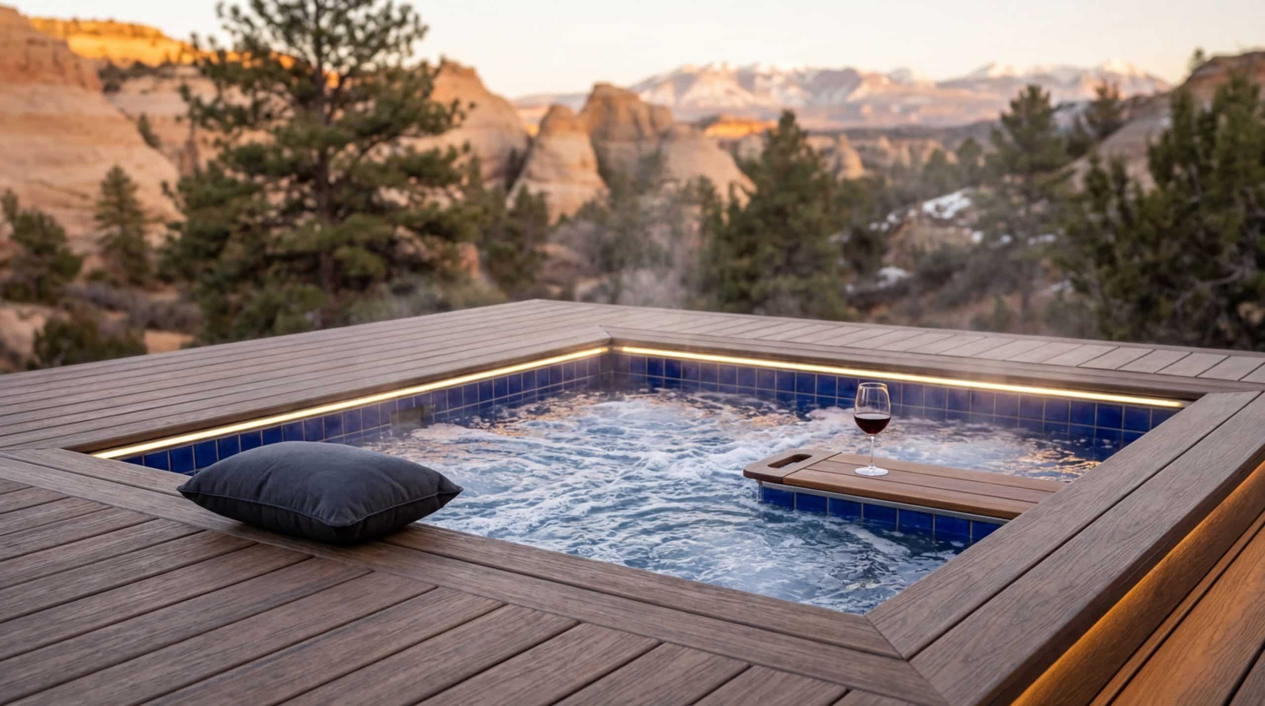A square outdoor hot tub with blue tiles, a black pillow, and hot tub accessories like a glass of red wine on a tray, set on a wooden deck in Utah with mountains and trees in the background—perfect for relaxation.