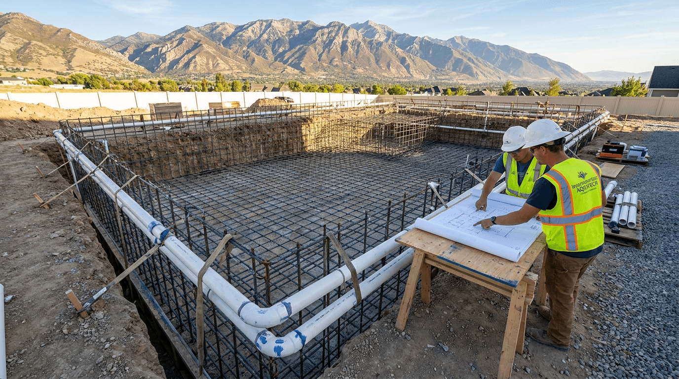 Two construction workers review blueprints beside a rebar-reinforced foundation at a building site, with mountains visible in the background—a typical scene for a Utah pool project handled by an expert pool builder in Utah.