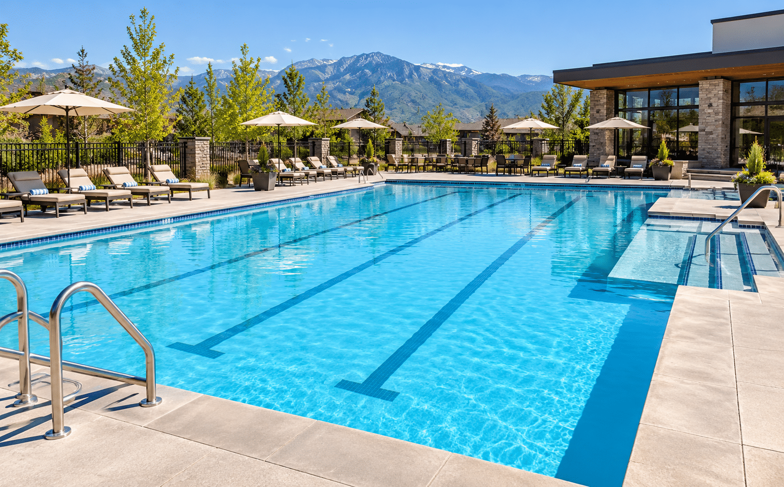 Outdoor lap pool with lounge chairs and umbrellas on a stone deck, featuring mountain views, ideal for those seeking commercial in-ground pools.