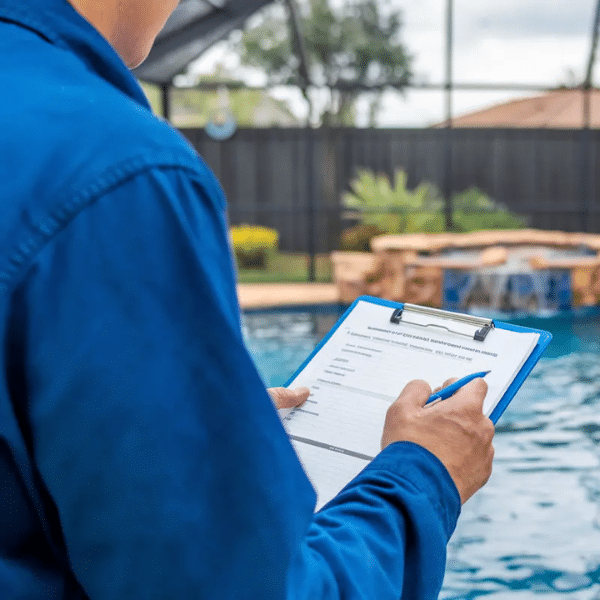 Pool maintenance checklist and calendar on a clipboard beside pool tools
